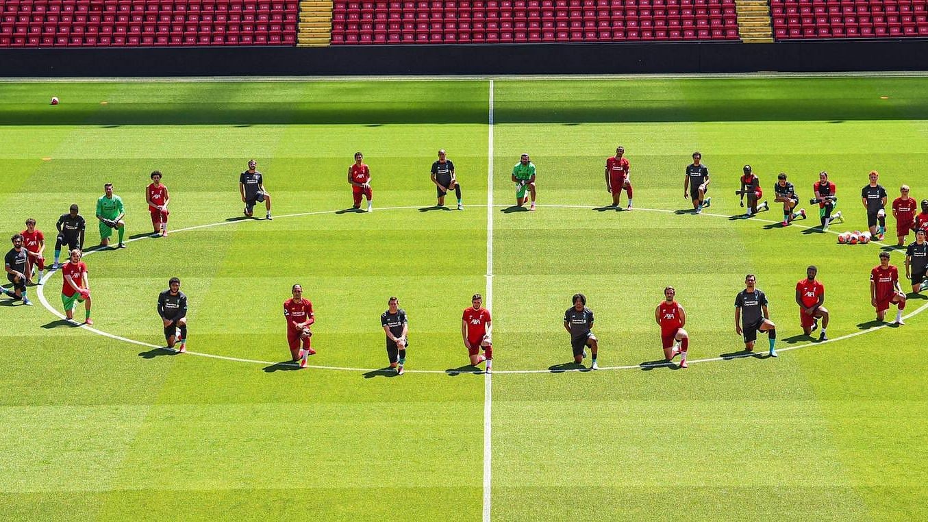 Liverpool’s squad took a knee at the centre circle at Anfield, in support of George Floyd, whose death has caused a nationwide protest in United States.