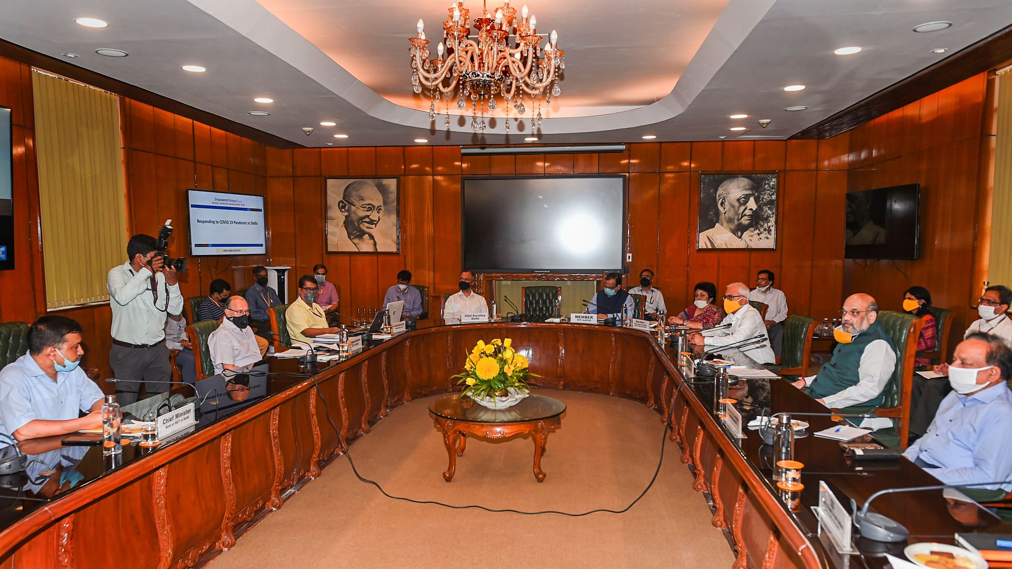 Delhi CM Arvind Kejriwal in a meeting with Lieutenant Governor Anil Baijal, Home Minister Amit Shah and Health Minister Harsh Vardhan.