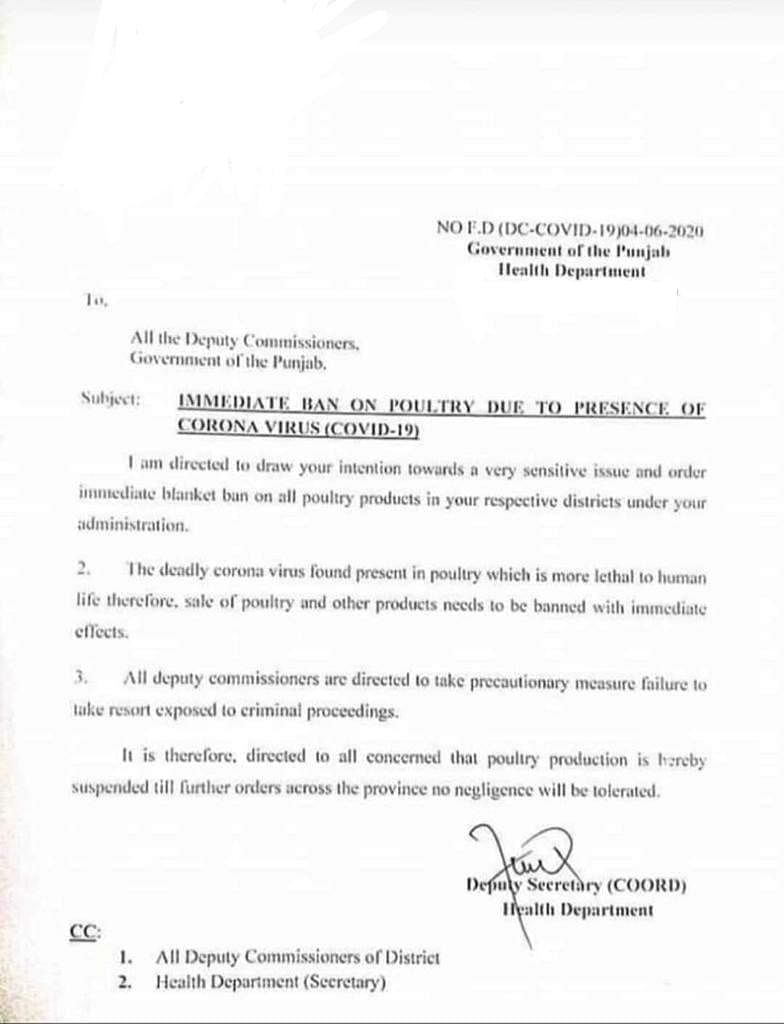 The notification claiming to be from the Health Dept of Punjab, Pakistan, orders an immediate ban on poultry. 