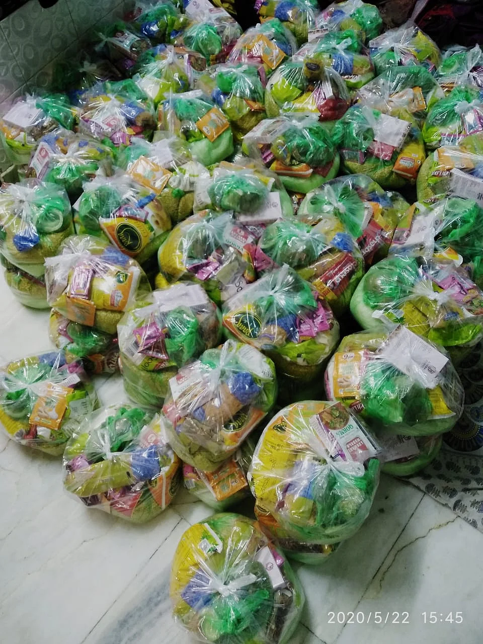 Ration packets ready to be distributed.