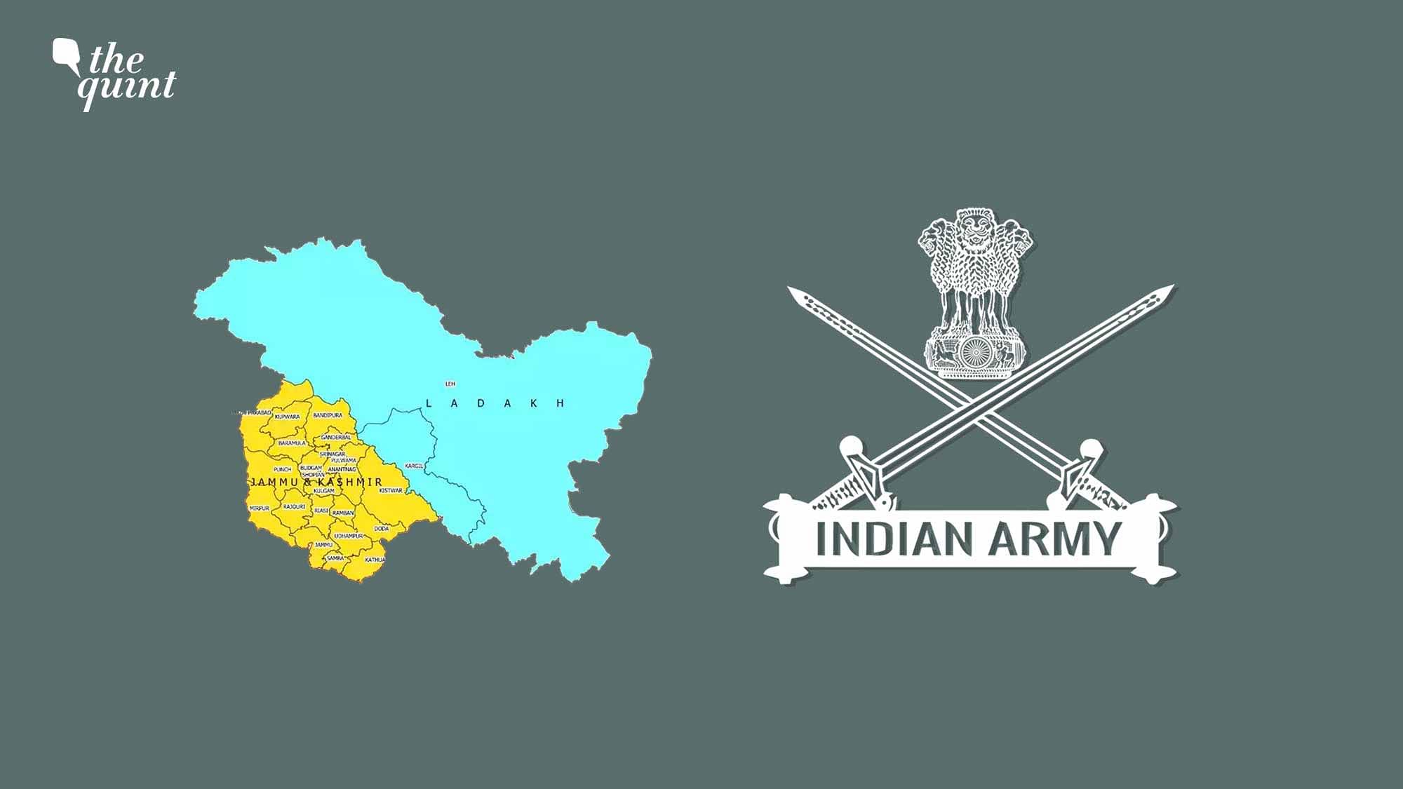 Image of Indian Army symbol + maps of J&amp;K and Ladakh – the two new union territories – used for representational purposes.