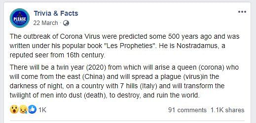 The claim that Nostradamus predicted COVID-19 finds no backing of experts of French philosophy and literature.