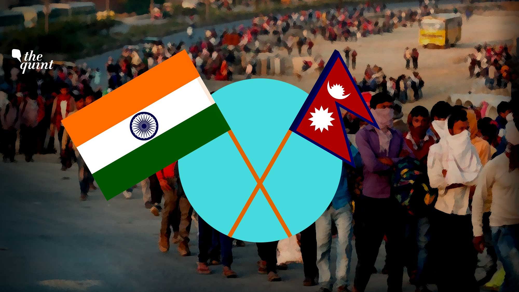 Image of exodus of migrant workers, and Nepal and India’s flags (R and L) used for representational purposes.