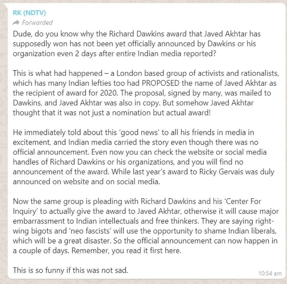 Fake Message Saying Akhtar Didn’t Win Dawkins Award Goes Viral