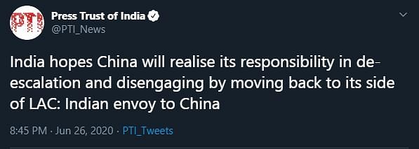 Indian envoy asked China to support the ongoing efforts to “de-escalate and disengage” by moving back to its side.