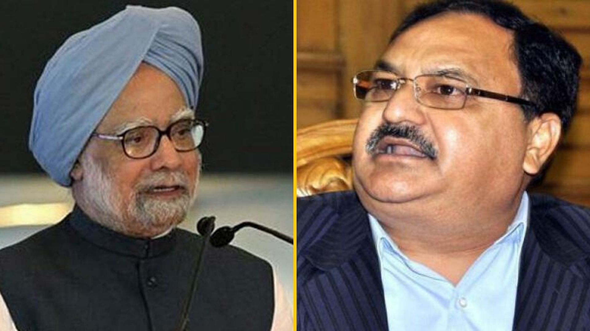 (Left) Former Prime Minister of India and Congress leader, Manmohan Singh. (Right) Bharatiya Janata Party (BJP) President JP Nadda.