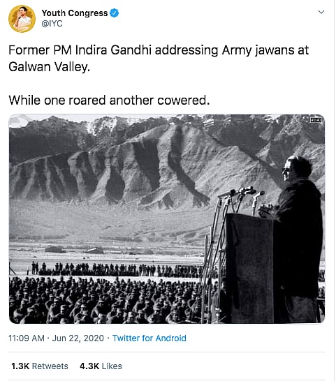 fact check of viral image of indira gandhi in galwan valley congress handles pass off image showing indira gandhi addressing jawans in leh to be from galwan indira gandhi addressing jawans in galwan valley