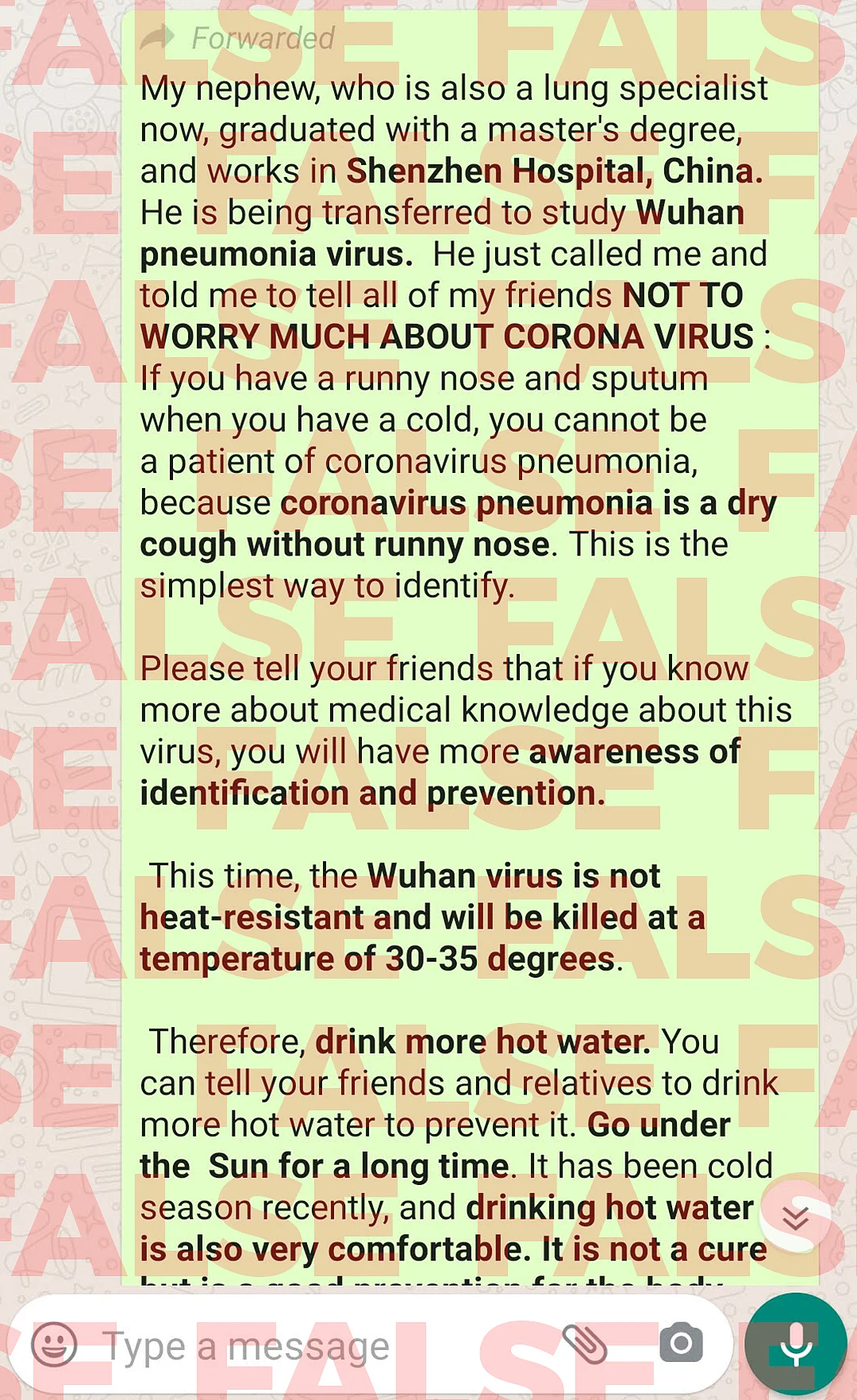A viral message with unproven cures for COVID-19.