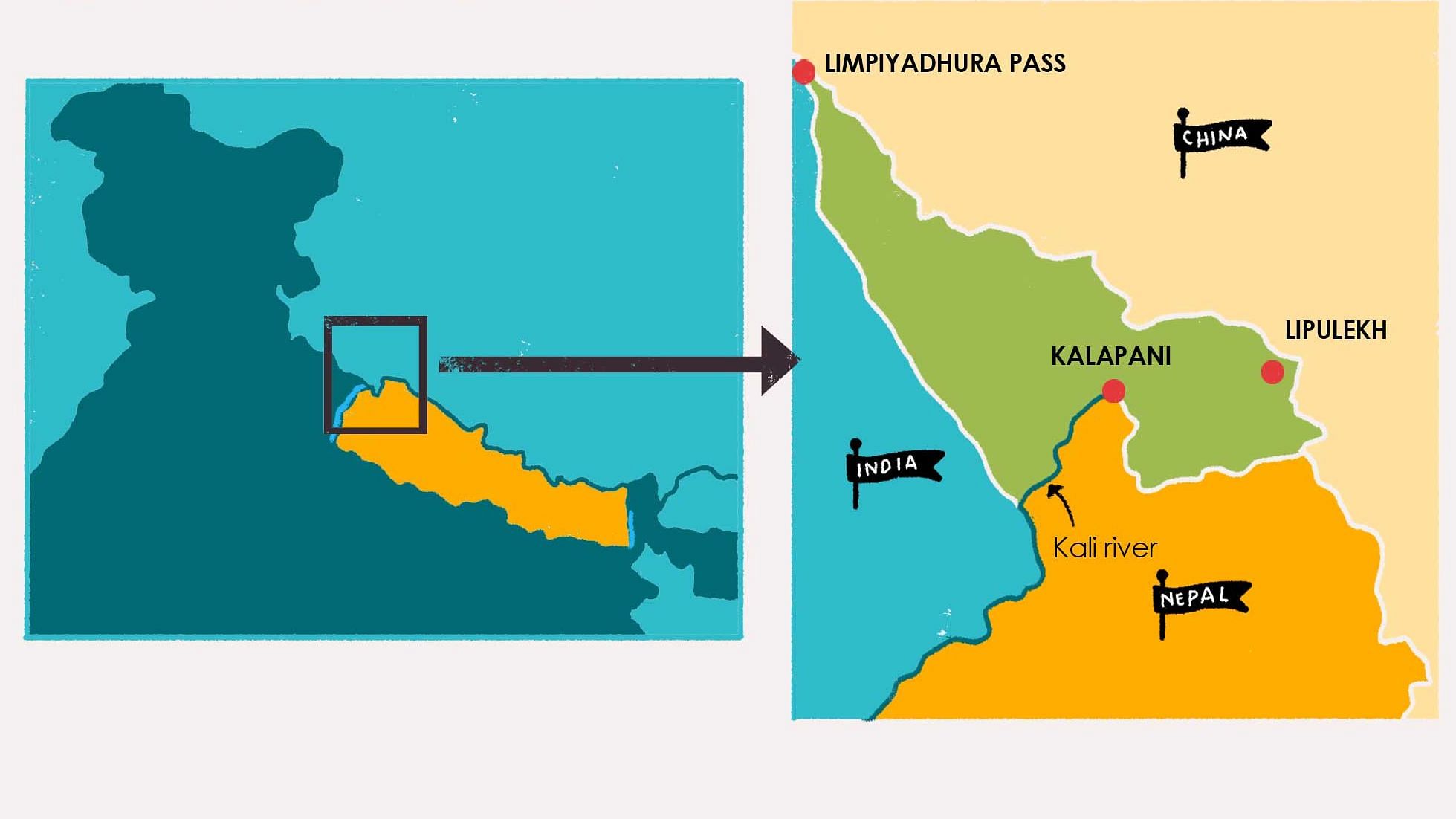 At the root of the border dispute is a 338 square km strip located at the trijunction between India, Nepal, and China and the three areas of interest in this trijunction are Limpiyadhura pass, Lipulekh, and Kalapani.