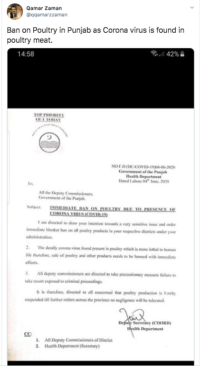 The notification claiming to be from the Health Dept of Punjab, Pakistan, orders an immediate ban on poultry. 