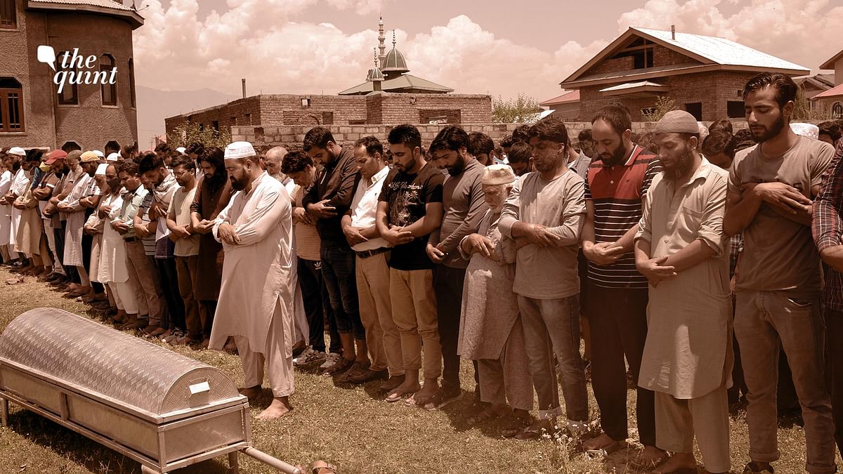 Relatives and neighbours offer prayers near the coffin of civilian Bashir Ahmed Khan, during his funeral on the outskirts of Srinagar, July 1, 2020. Image used for representation.