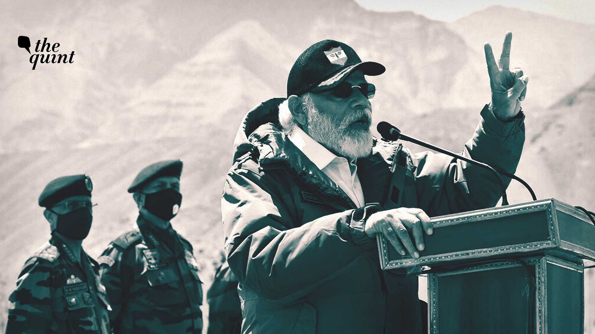 Altered image of PM Narendra Modi addressing soldiers during a visit to Nimu, Ladakh area, Friday, July 3, 2020.