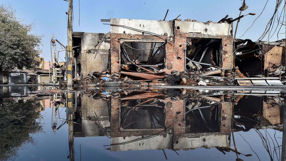 Charred remains of a vandalised property set ablaze by rioters in Gokulpuri area of the riot-affected Northeast Delhi, Wednesday, 26 February.