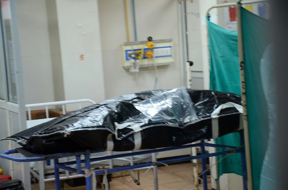 The body of gangster Vikas Dubey at the Hallet Hospital in Kanpur.