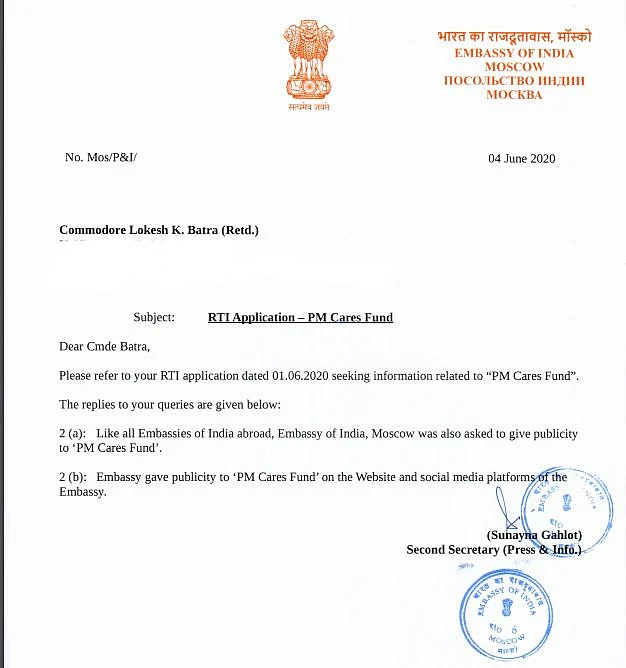 RTI reply received from the Embassy of India in Moscow by transparency activist Commodore Lokesh Batra (Retd)