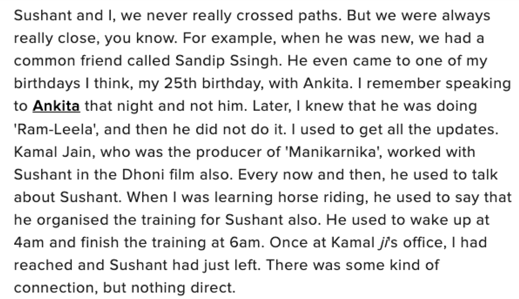 A screenshot of an interview Kangana gave about Sushant recently.