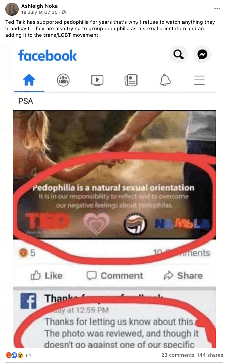 With the statement “Pedophilia is a natural sexual orientation”, the photo is being shared as an ad for a TED talk.