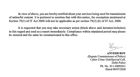 The notice issued by the Delhi Police under IT Act which mentions Section 18 of the UAPA Act.