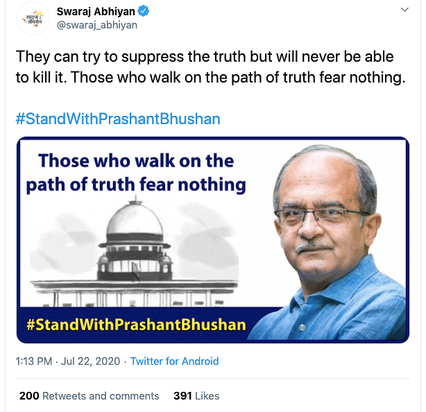 A hashtag campaign #StandWithPrashantBhushan is doing the rounds.
