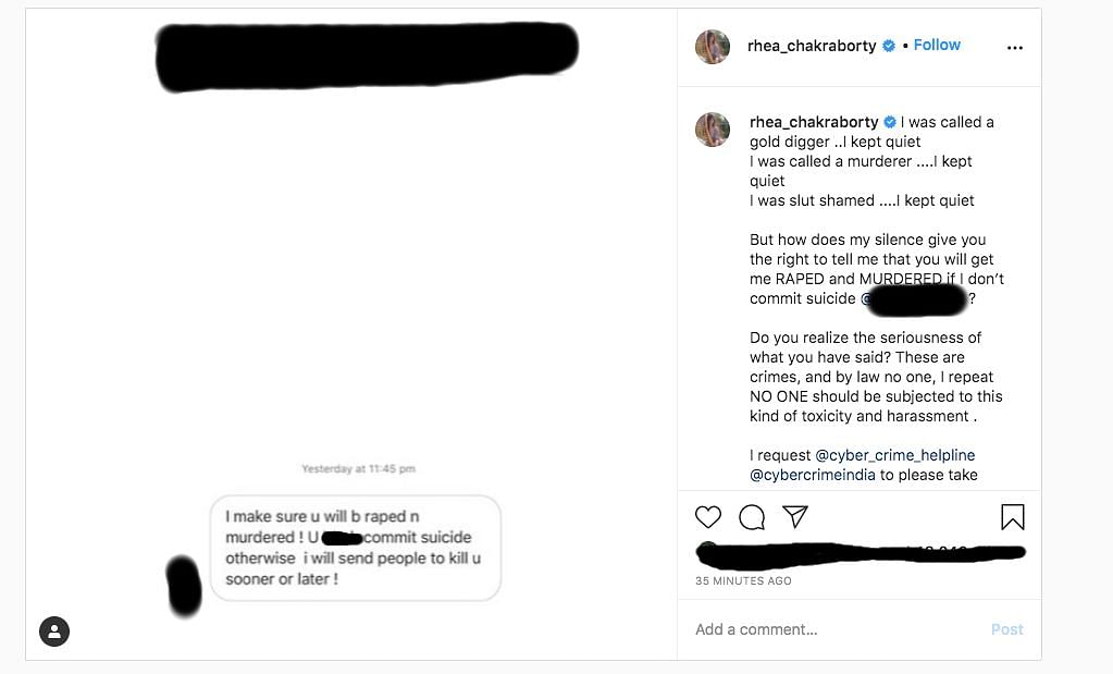 The actor took to Instagram to share a screenshot of a violent message she received.