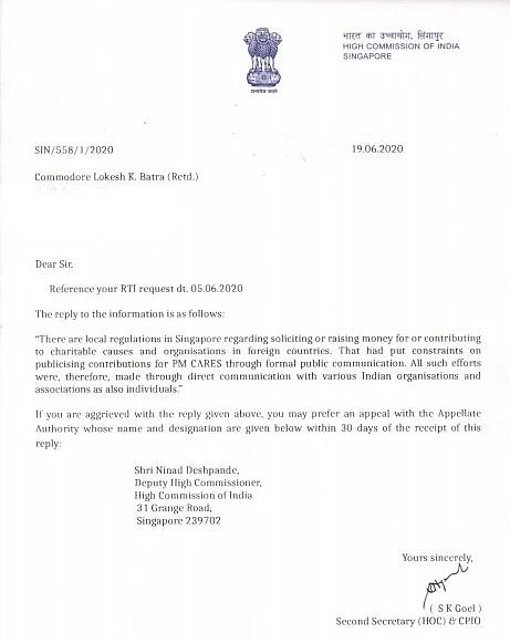 RTI reply received from the High Commission of India in Singapore by transparency activist Commodore Lokesh Batra (Retd)