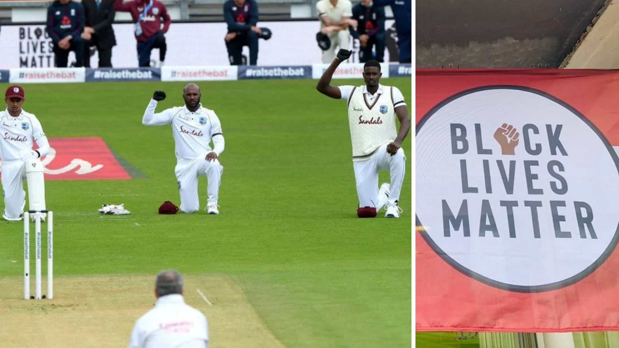 West Indies and England players took a knee before the start of the first Test, in support of the Black Lives Matter movement.