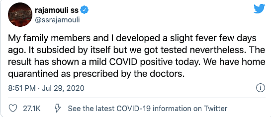 In a tweet from his official handle, SS Rajamouli said that he and his family had tested ‘mild COVID positive’ on Wednesday.