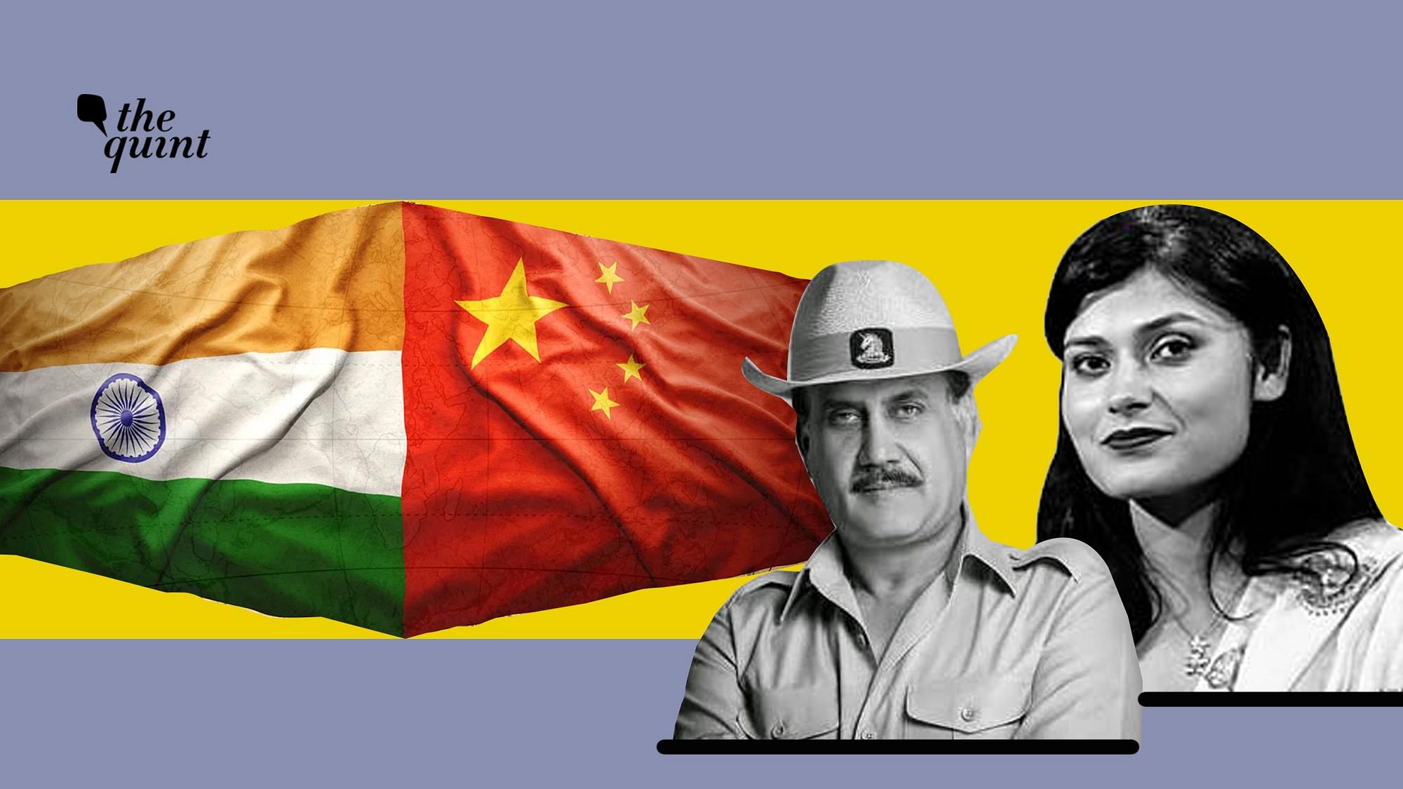 Image of Lt Gen (Retd) AK Singh (L) and Nishtha Gautam, Senior Editor, Opinions, The Quint, used for representational purposes, along side flags of India &amp; China.