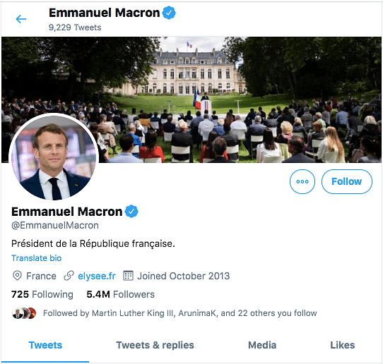 This account does not belong to Macron and is actually a parody account with a history of changing its username.