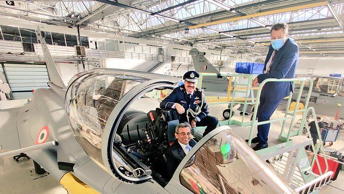 Air Commodore Hilal Ahmad Rather India’s air attaché to France (in uniform) seen alongside India’s ambassador to France Jawed Ashraf, oversaw the take-off of the Rafale jets on 27 July.