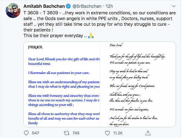 Amitabh Bachchan applauds healthcare workers.
