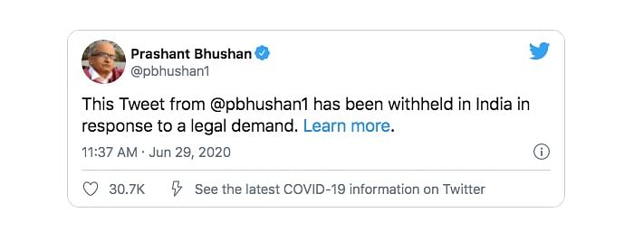 The tweets were withheld after SC took up suo motu case against Bhushan & Twitter over two tweets posted by Bhushan.