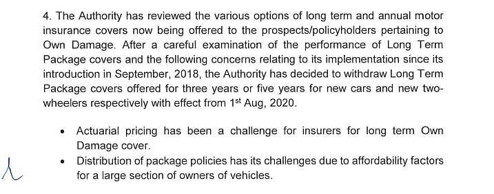 The Insurance Regulatory and Development Authority of India has discontinued long-term motor insurance plans.