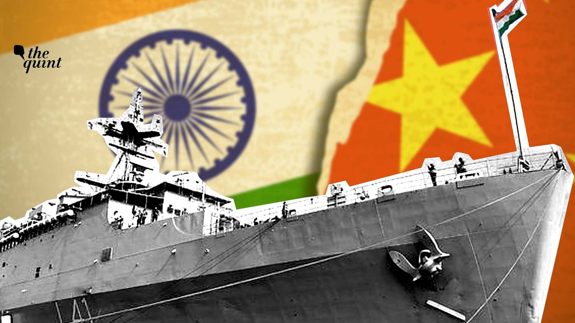 Archival image of INS Jalashwa, and India and China’s flags (in the background) used for representational purposes.