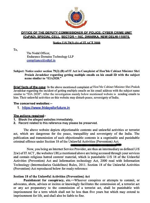 The notice issued by the Delhi Police under IT Act which mentions Section 18 of the UAPA Act.