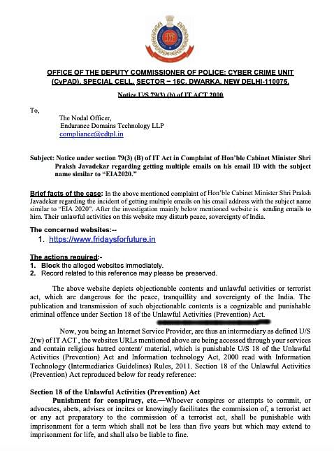Delhi Police clarifies no UAPA or IT Act notices against FridaysforFuture.in or FFF India. 
