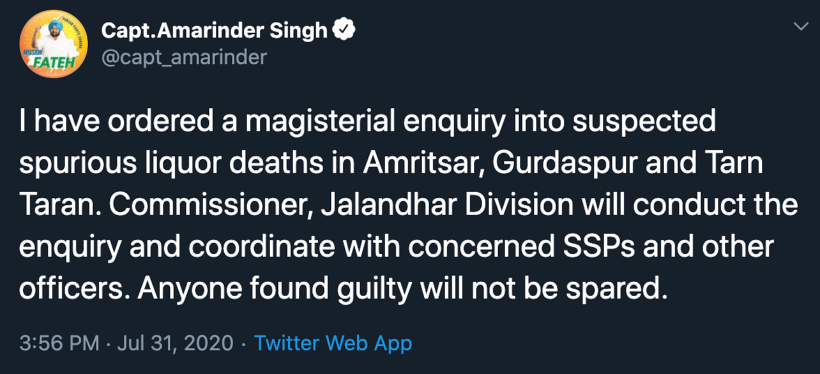Punjab CM Amarinder Singh ordered a magisterial inquiry into the deaths in Amritsar, Gurdaspur and Tarn Taran.