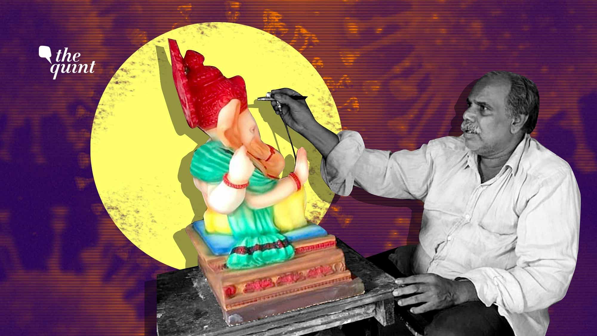 File picture of idol maker Prakash Pednekar adding finishing touches to a clay idol.