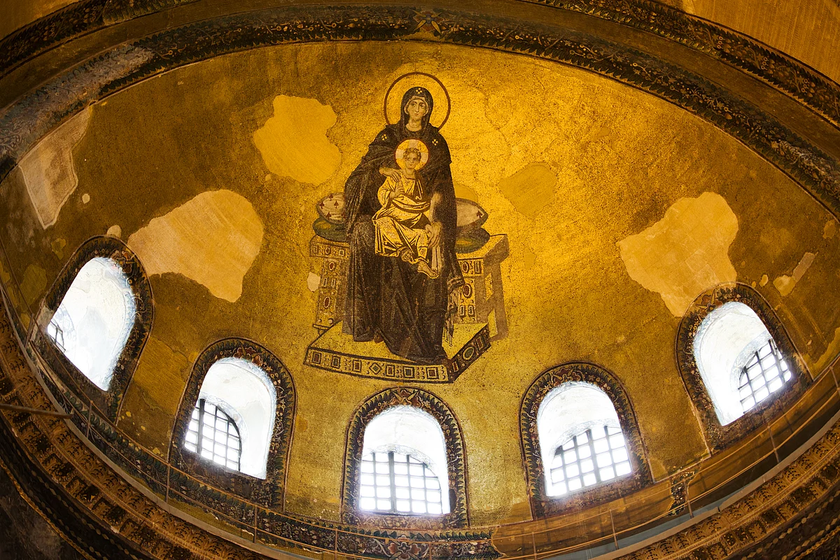 Mosaic of Mother Mary on the dome inside Hagia Sophia.