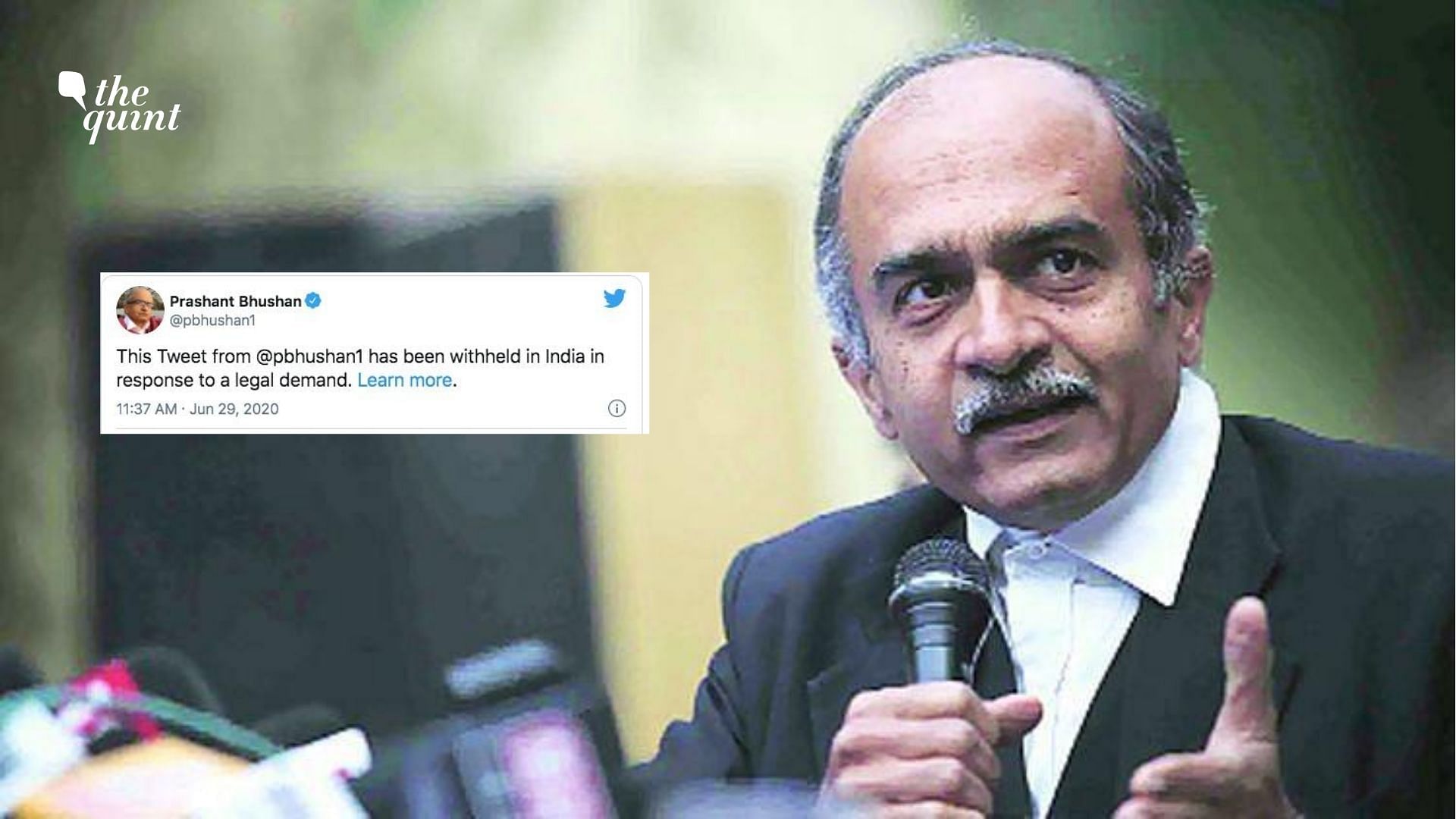 The tweets of senior advocate Prashant Bhushan, which were the basis for the <a href="https://www.thequint.com/news/india/truth-hurts-people-react-to-sc-notice-to-prashant-bhushan">contempt notice against him by the Supreme Court</a>, have been withheld by Twitter even though there is no order to that effect from the top court.