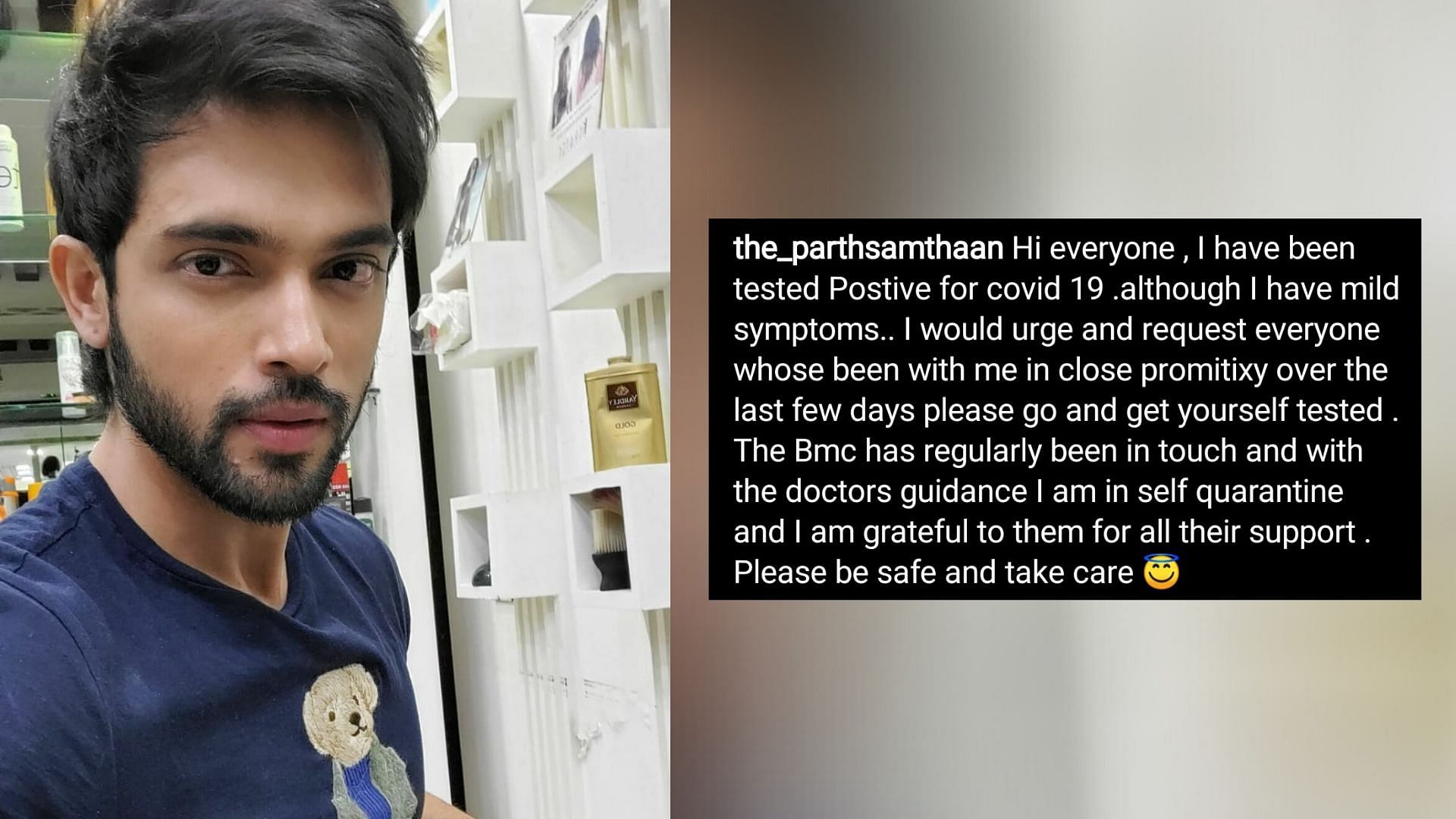 Tv actor Parth Samthaan tests positive of COVID-19.