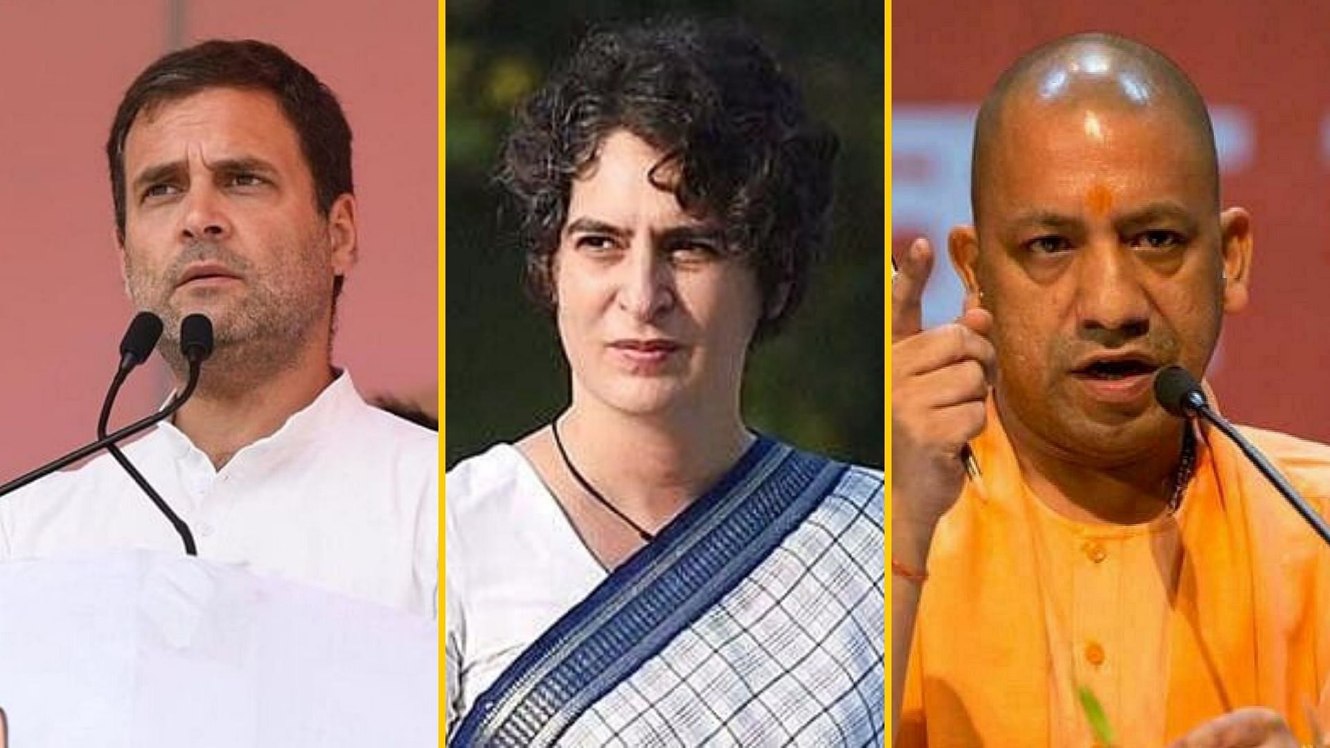 Rahul Gandhi (left), Priyanka Gandhi (center) and UP CM Yogi Adityanath (right)have condemned the cops killings in Kanpur.