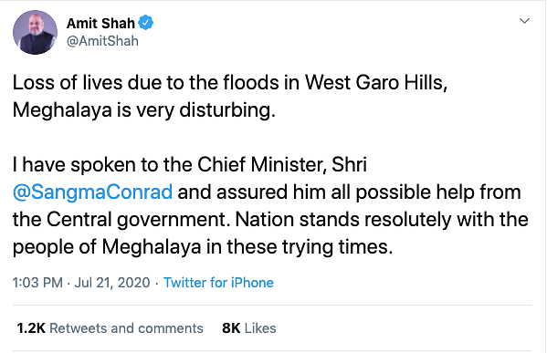 “Loss of lives due to the floods in West Garo Hills, Meghalaya is very disturbing,” said the home minister.
