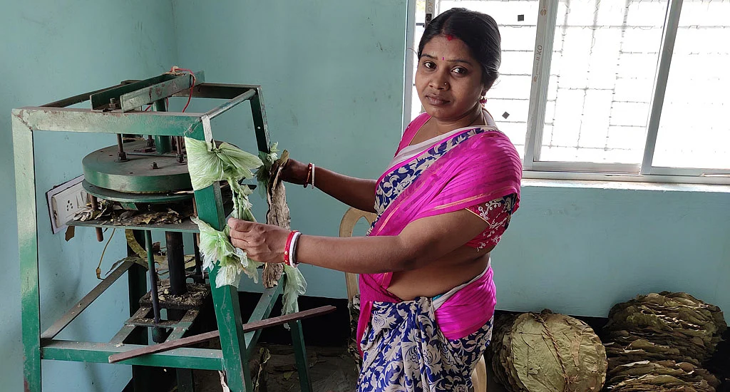 The income from making sal leaf plates has helped Uttara Sardar send her three children to school