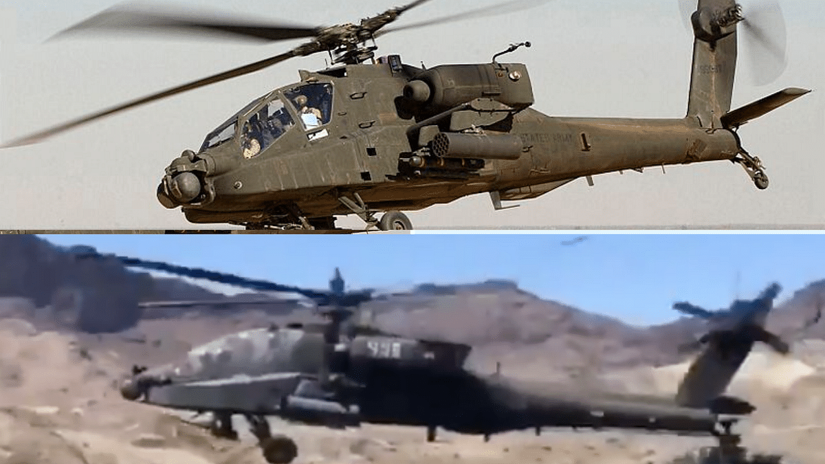 These are actually Apache choppers belonging to the US military flying over a Lake Havasu in Arizona.