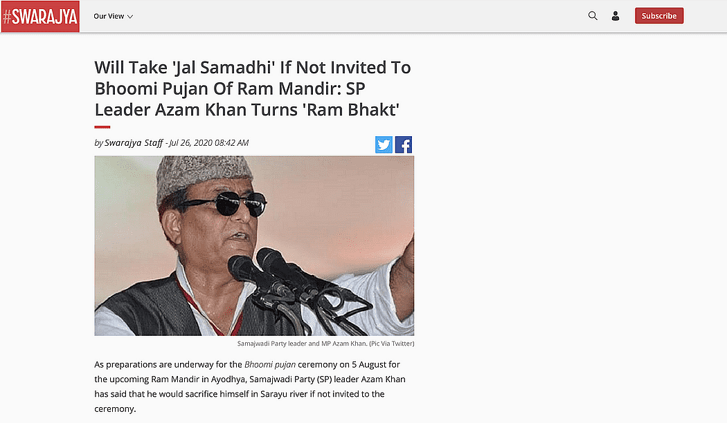 A statement made by the national president of Muslim Karsevak Manch was falsely attributed to SP leader Azam Khan.