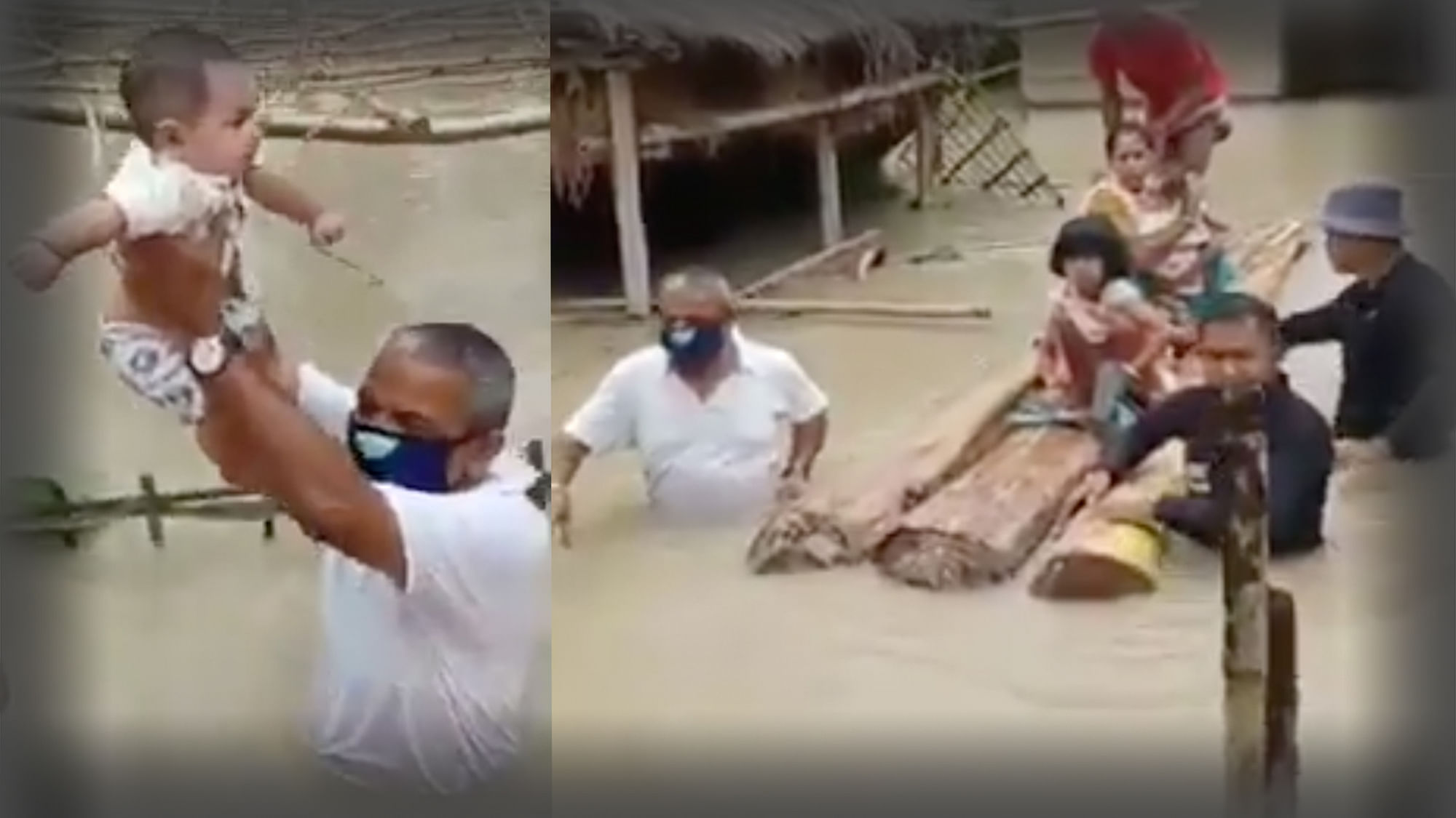 BJP MLA Mrinal Saikia wading through waist-deep flood water to rescue the people.