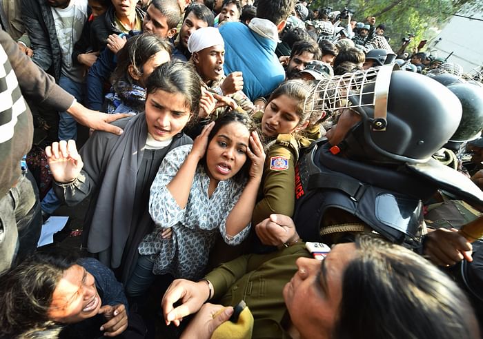 File image of anti-CAA protesters being stopped by police near Jamia campus on 10 February.