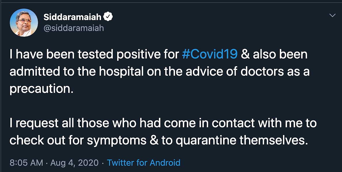 Ex-Karnataka CM Siddaramaiah Tests COVID +Ve, Admitted to Hospital