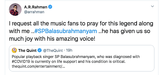 Rahman, Dhanush Pray for Balasubrahmanyam's Speedy Recovery